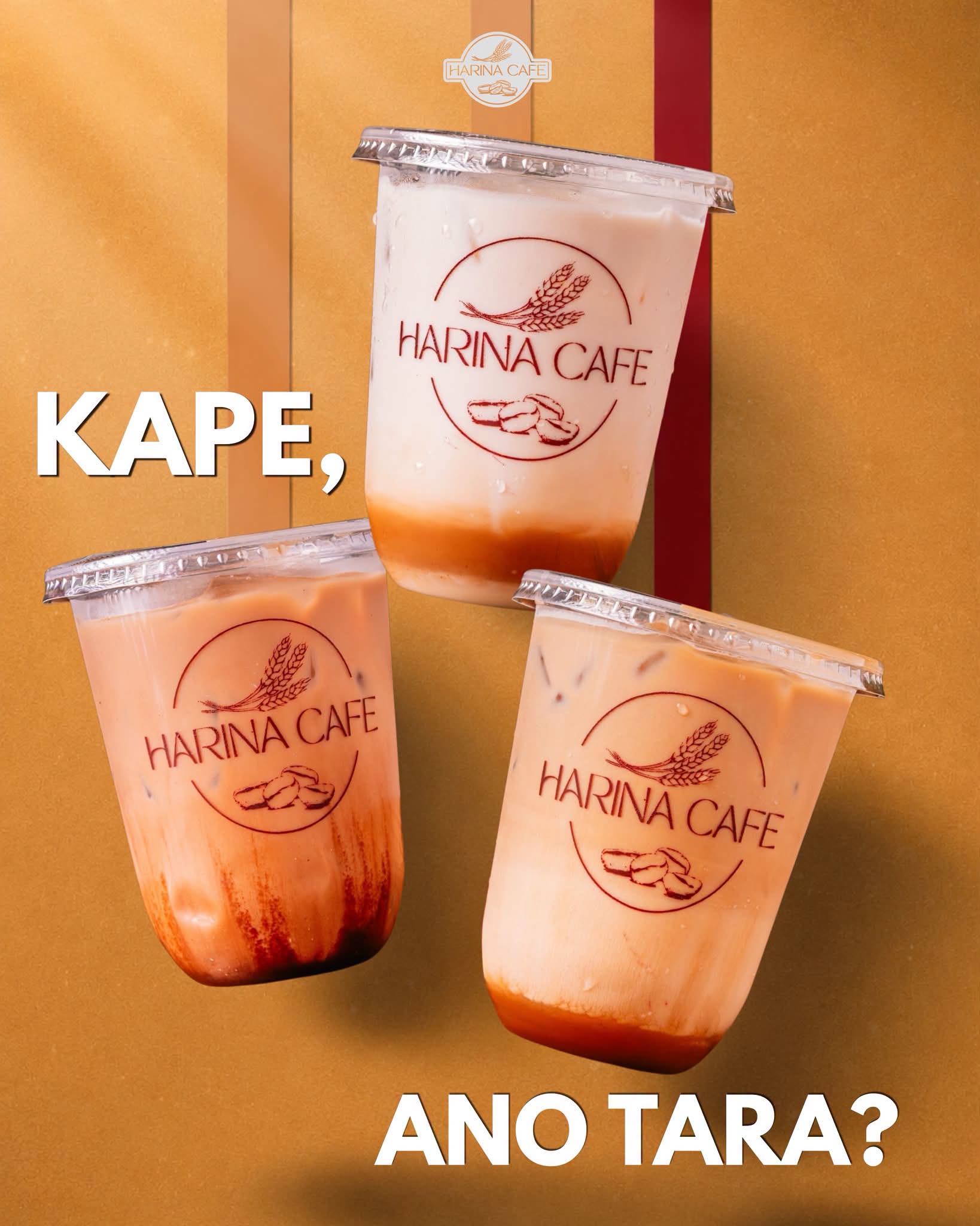 Three Harina Cafe iced lattes in branded cups